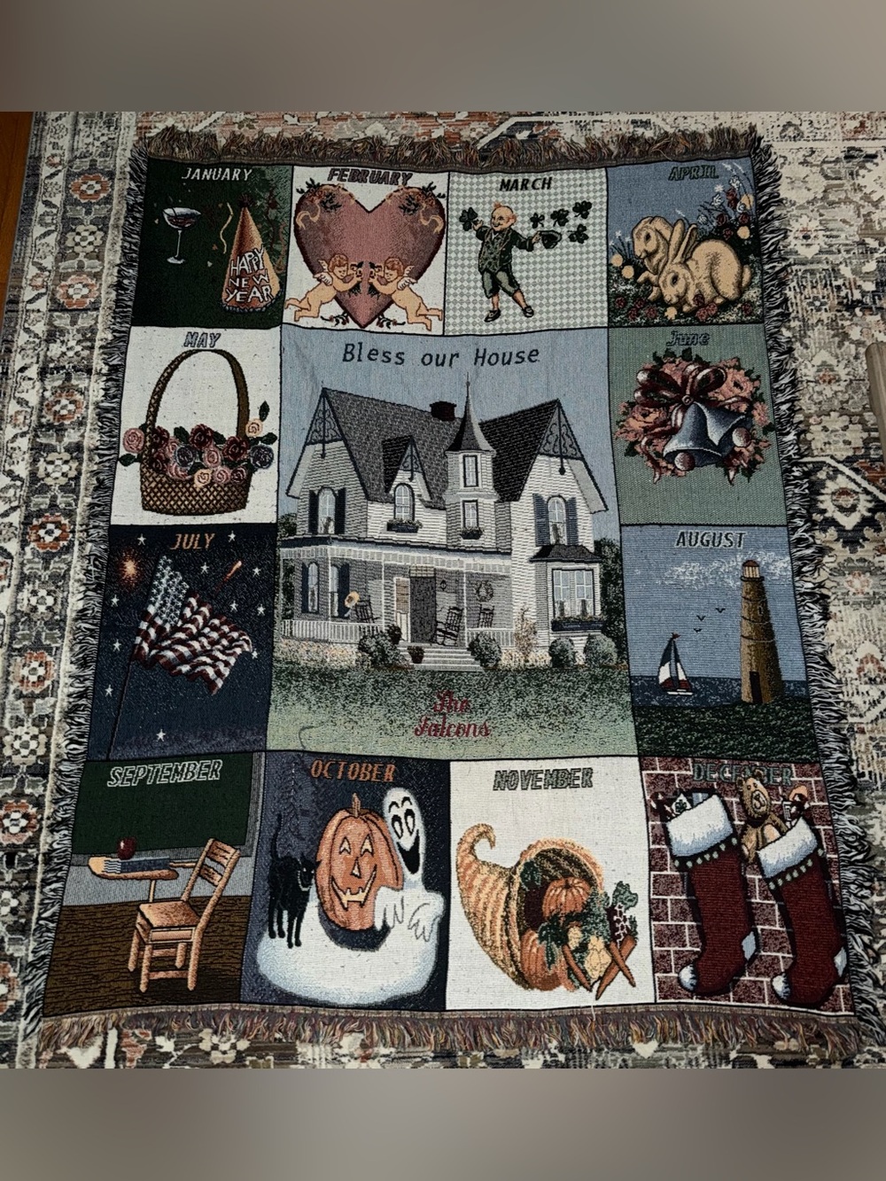 Vintage “BLESS OUR HOUSE” 12 Months Calendar Tapestry Throw Blanket